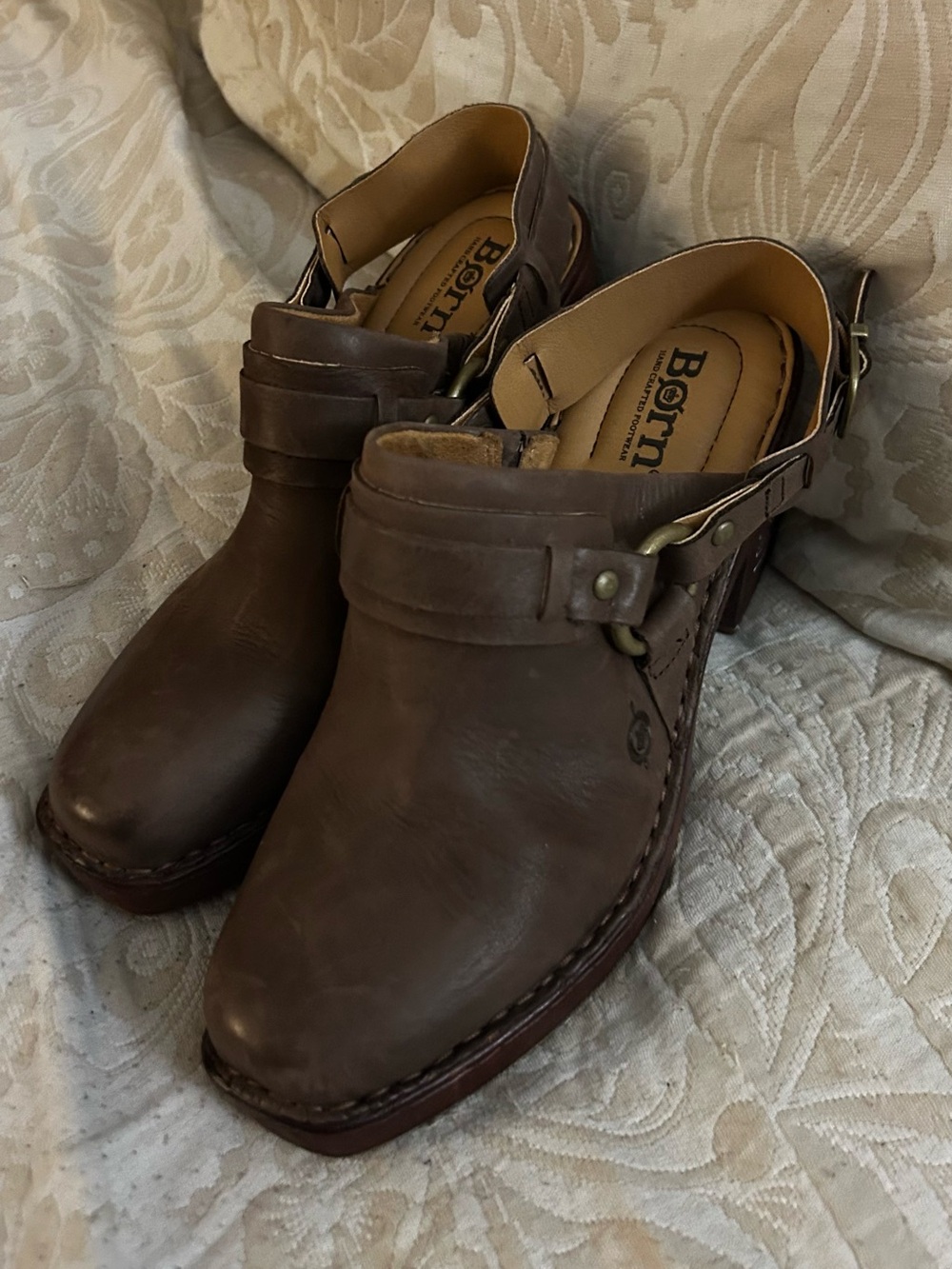 Born Brown Leather Slingback Clog Mules Heeled Shoes - Picture 1 of 3